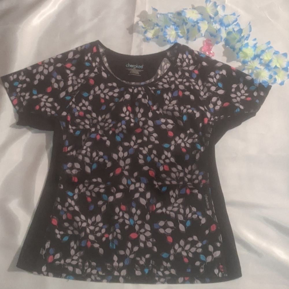 Cherokee women's scrubs top, black with colored leaves, large